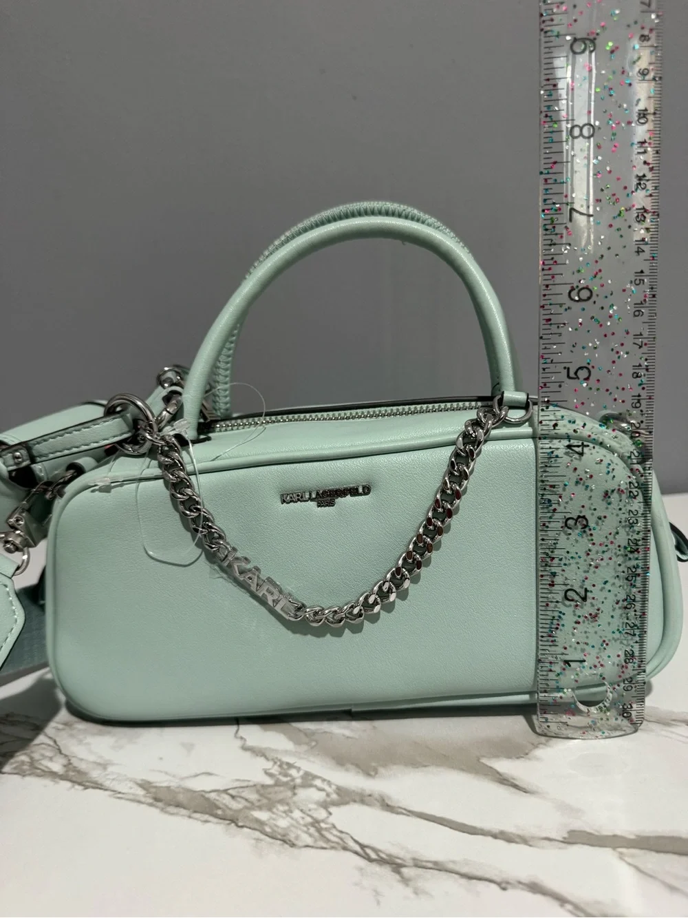 Karl Lagerfeld Mint Green Leather Barrel Crossbody with Chain